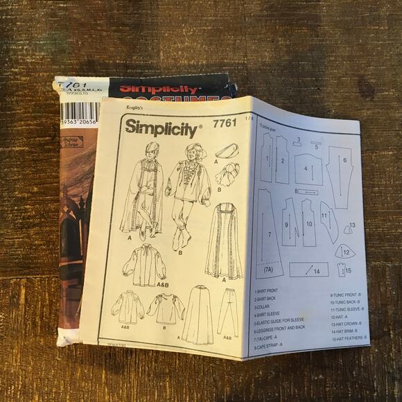 Simplicity Sewing Pattern 7761 Mens Renaissance Costume XS-XL Tunic Cape UNCUT - Picture 3 of 3